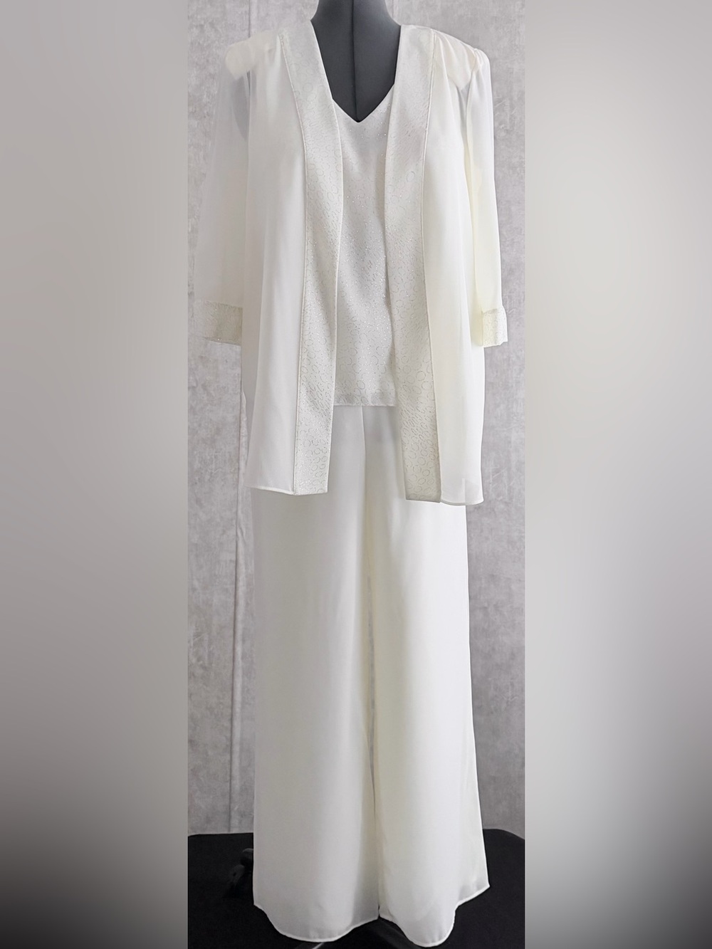 DANA KAY 3PC Formal Ivory-Cream Silver Sheer Sparkly Tank Jacket Pant Set Sz 8